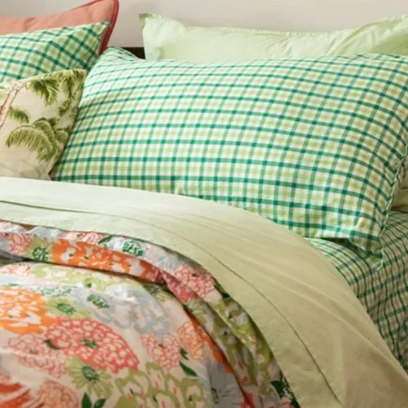 Cimino Home Nile Green Gingham Sheet Set + Petoskey Heather Pillow Sham Set
